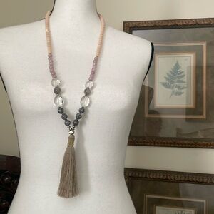 Anthropologie gemstone Nakamol Gold and Cream tassel Statement Necklace new